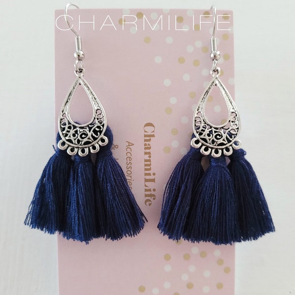 Navy blue fan tassel earrings, silver statement earrings, boho earrings, dangle earrings for women, tribal ethnic, nautical fall wedding