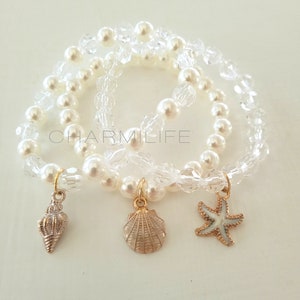 Charm Beaded Bracelets, starfish shell bracelet, beige pearl bracelet, sea life beach wedding nautical,stackable bracelets for women gifts
