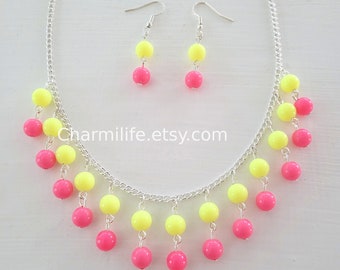 Neon yellow neon pink necklace set, silver statement necklaces for women, colorblock choker ombre necklace, beach wedding, spring summer