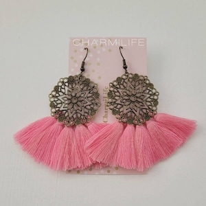 Pink tassel earrings, statement earrings, fan tassel earrings, dangle earrings fringe earrings, boho earrings, bohemian earrings, vintage