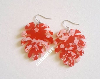 Bright red monstera leaf earrings statement earrings tortoise shell earrings boho earrings acetate earrings palm leaf earrings gifts for her