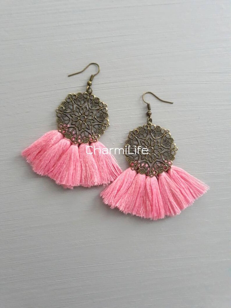 Pink Tassel Earrings Statement Earrings Fan Tassel Earrings Etsy
