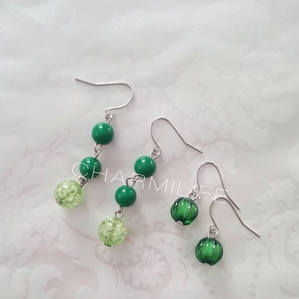 2 green beaded earrings sets, dangle earrings for women, boho earrings, simple earrings,dainty earrings, vintage earrings rustic spring