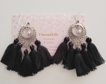Black tassel earrings, statement earrings, fan tassel earrings, fringe earrings boho earrings, dangle earrings for women, gothic jewelry