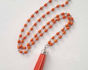 Orange wood beaded tassel necklace, layering necklaces for women, long boho necklace, statement necklace, long beaded necklace bohemian gift
