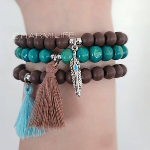 3 wood beaded bracelets set, feather charm bracelet, brown tassel bracelet, turquoise bracelet, stackable bracelets, boho bracelets, gifts