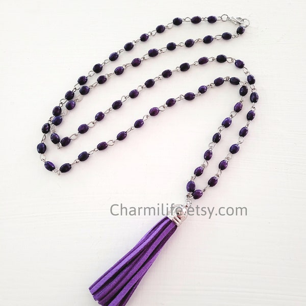 Violet purple tassel necklace, long beaded statement necklace, long boho necklace, layering necklaces for women, bohemian, vintage rustic