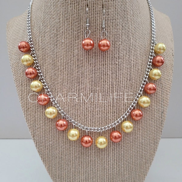 Orange and Yellow Pearl Necklace with Earrings, Chunky Pearl Necklace, Pearl Choker Necklace, Rustic Wedding, Statement Necklaces for Women