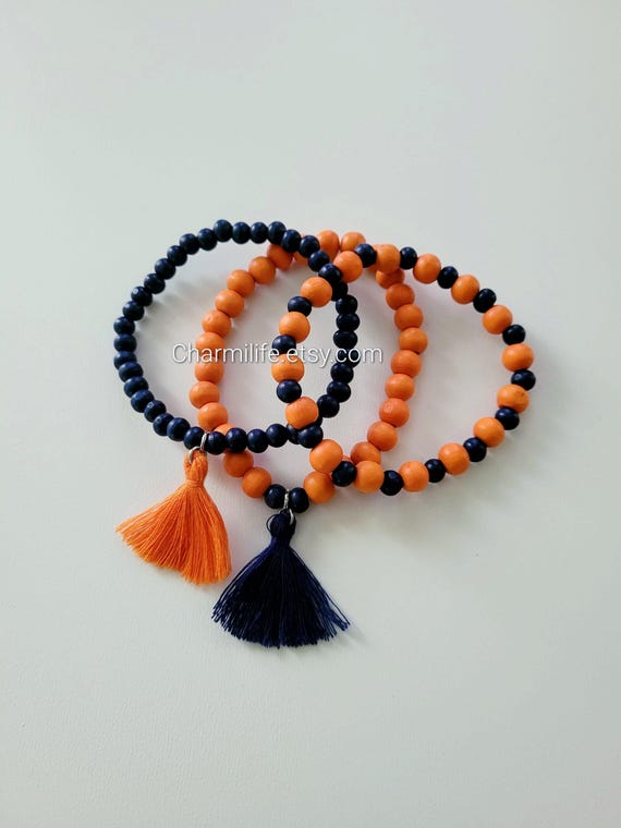 Orange and Navy Blue Tassel Stackable Bracelets Set, Boho