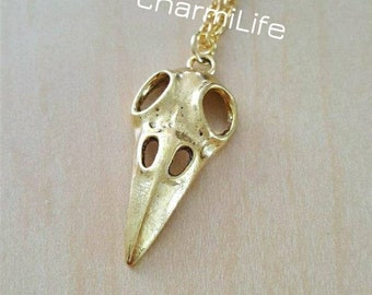 Crow skull necklace gold necklace raven necklace bird skull necklace crow necklace charm necklace layered gothic Halloween jewelry goth girl