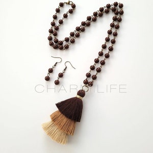 Brown Ombre Layered Tassel Long Necklace Set, Layering Beaded Statement Necklace, Vintage Necklace, Long Boho Necklace, Rustic Fall Jewelry