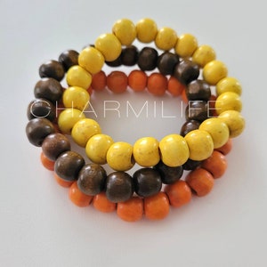 3 Wood Beaded Bracelets Orange Yellow Brown, Boho Bracelets, Stackable Bracelets for women, Bohemian Vintage Western Rustic Jewelry gifts