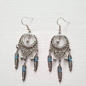Turquoise feather charm dangle earrings for women tribal earrings boho earrings silver statement earrings bohemian earrings ethnic earrings