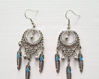 Turquoise feather charm dangle earrings for women tribal earrings boho earrings silver statement earrings bohemian earrings ethnic earrings