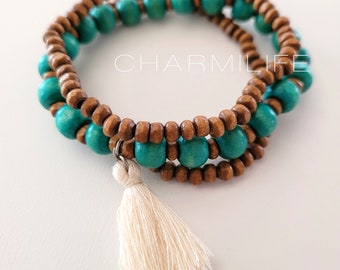 Beaded Bracelets Set, Brown and Blue, Beige Tassel Boho Bracelets,  Bohemian Bracelets, Stackable Bracelets, Western jewelry, Rustic Fall