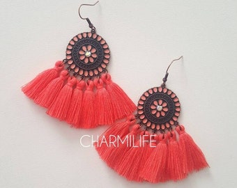 Coral tassel earrings flower statement earrings fan tassel earrings dangle earrings for women boho earrings vintage earrings bohemian floral