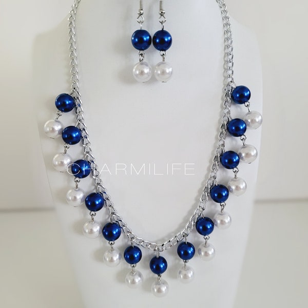 Royal Blue and White Pearl Silver Statement Necklaces for Women, Bib Chunky Necklace, Nautical Wedding, navy blue necklace, holiday Jewelry