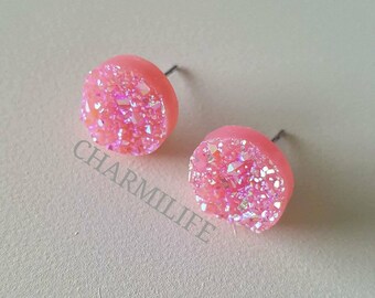 Pink Druzy Stud Earrings Glitter Post Earrings best friend gifts simple earrings minimal earrings dainty earrings minimalist jewelry summer