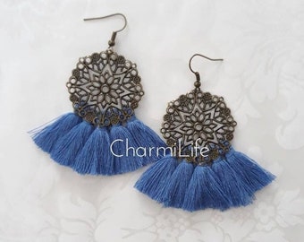 Denim blue fan tassel earrings statement earrings fringe tassel earrings dangle earrings for women boho earrings bohemian vintage earrings