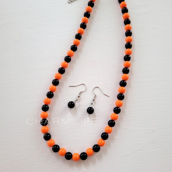 Orange and black necklace set, beaded choker, simple necklace, layering necklaces for women, boho necklace, gothic jewelry, fall autumn