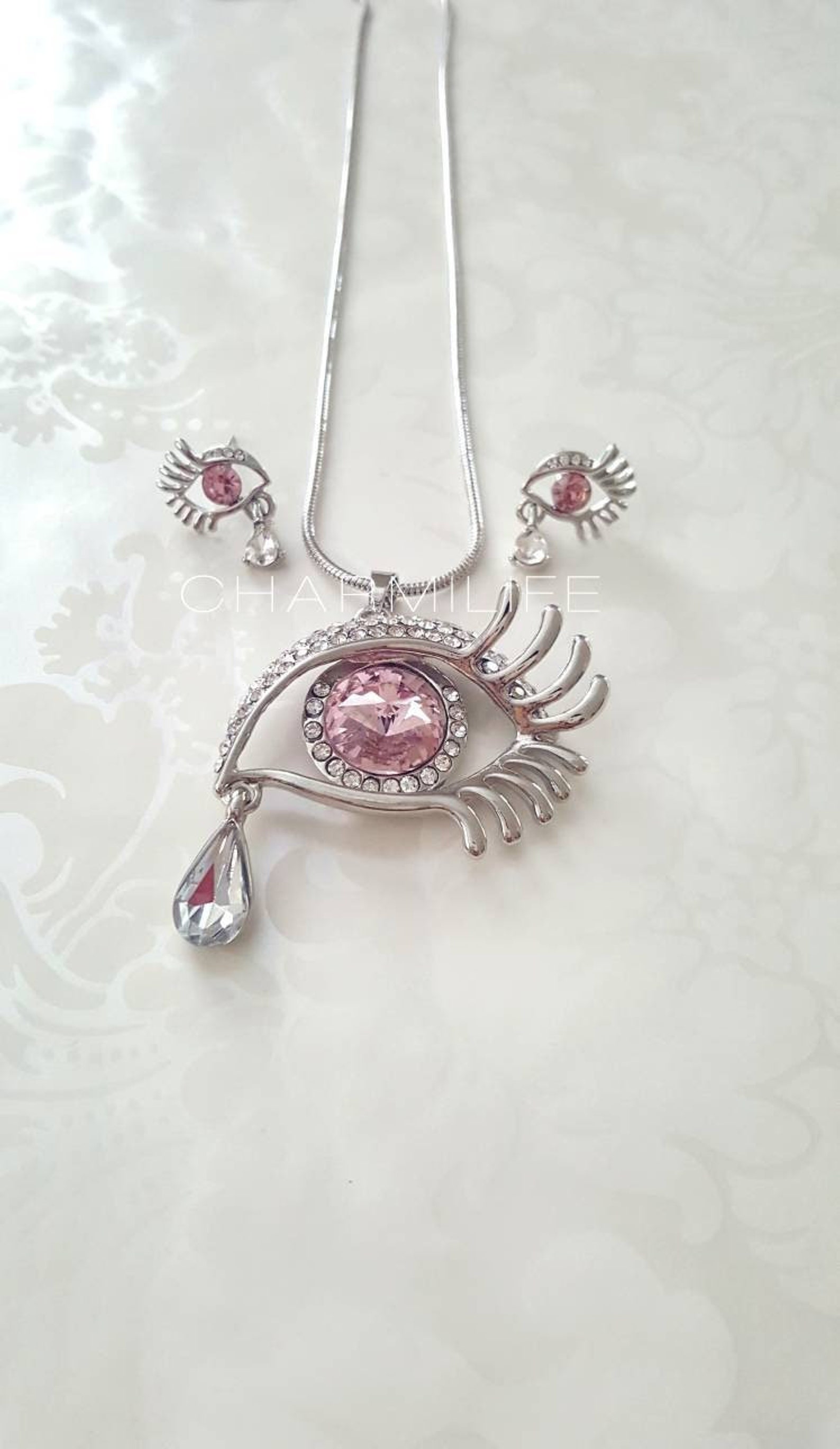 Pink Crystal Eye Pendant Necklace Silver Statement Necklace Etsy