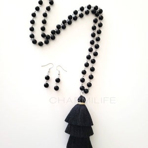 Black long beaded tassel necklace set,  statement necklace, layering necklaces for women, long boho necklace, vintage necklace, western