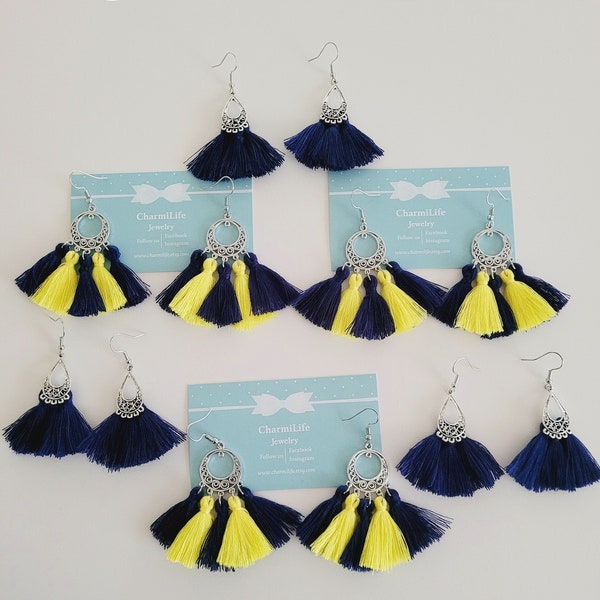 Navy Blue and Yellow Tassel Earrings, Dangle Earrings for women, Fan Tassel Statement Earrings, Boho Earrings, nautical, university colors