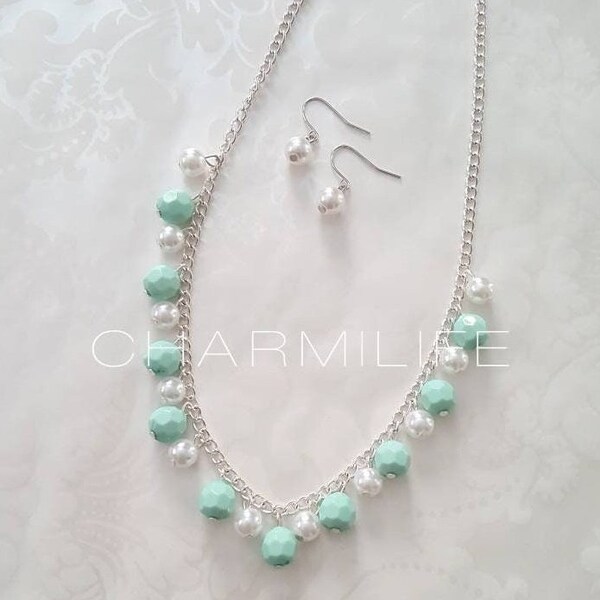 Mint necklace silver statement necklaces for women chunky pearl necklace mint wedding pastel green necklace birthday gifts for women spring