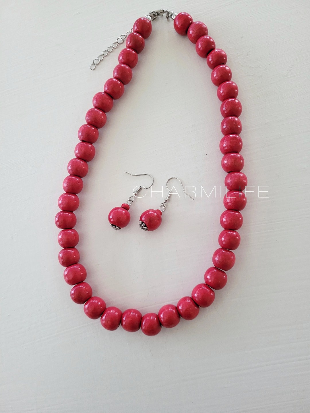 Red Wood Beaded Necklace Set, Chunky Necklace, Layering Necklaces for ...