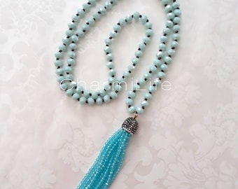 Baby blue crystal necklace beaded tassel necklace statement necklace long boho necklace layering necklaces for women gifts for women