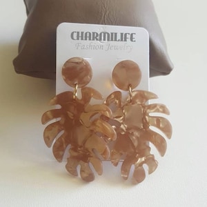 Palm leaf earrings tortoiseshell earrings acrylic earrings statement earrings taupe brown earrings for women boho earrings beach wedding