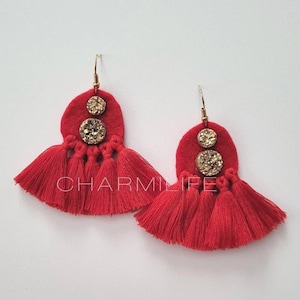 Red fan tassel earrings, gold druzy earrings, statement earrings, dangle earrings for women, boho earrings, red and gold rustic wedding