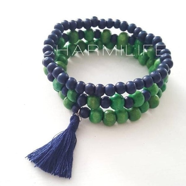 3 Navy blue tassel bracelets green wood beaded stackable bracelets set boho bracelets bohemian bracelets hippie gypsy ethnic tribal rustic