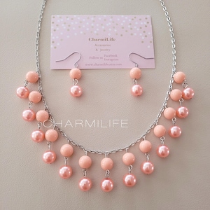 Peach Chunky Pearl Necklace Set, Statement Necklace, Chunky Bib Necklace, Beaded Layering Necklaces for Women, Beach Wedding, Spring Summer