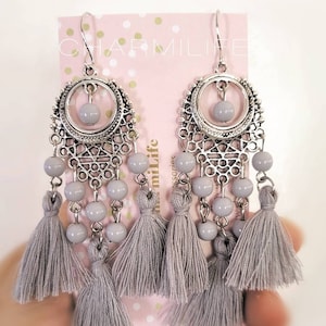 Grey tassel statement earrings, long boho earrings, bohemian earrings, dangle earrings, vintage earrings, tribal earrings, gifts for women