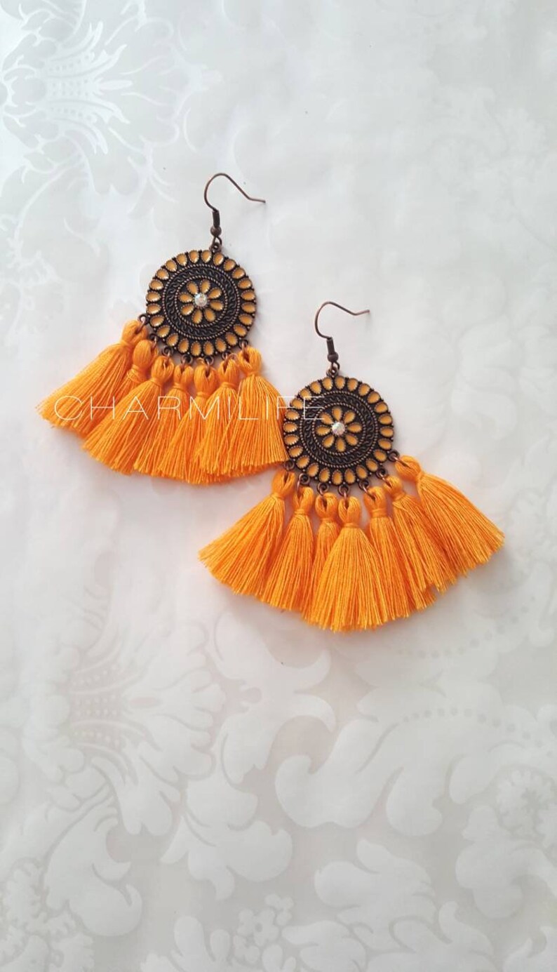 Mustard Tassel Earrings Yellow Flower Earrings Statement Etsy