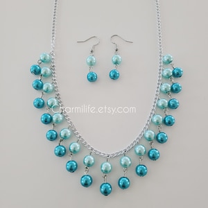Teal and mint blue chunky pearl necklace set, statement necklaces for women, ombre necklace, bib beaded, peacock wedding, nautical beach