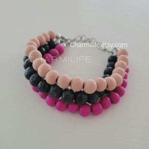 3 Strand Beaded Wood Bracelet Set, Stackable Bracelets for women, hot pink, navy blue, blush pink, boho bracelets, nautical wedding, gifts