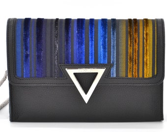 Small italian leather purse,black leather purse,striped handbag,fabric handbag,shoulder bag,compact purse,black clutch,evening purse