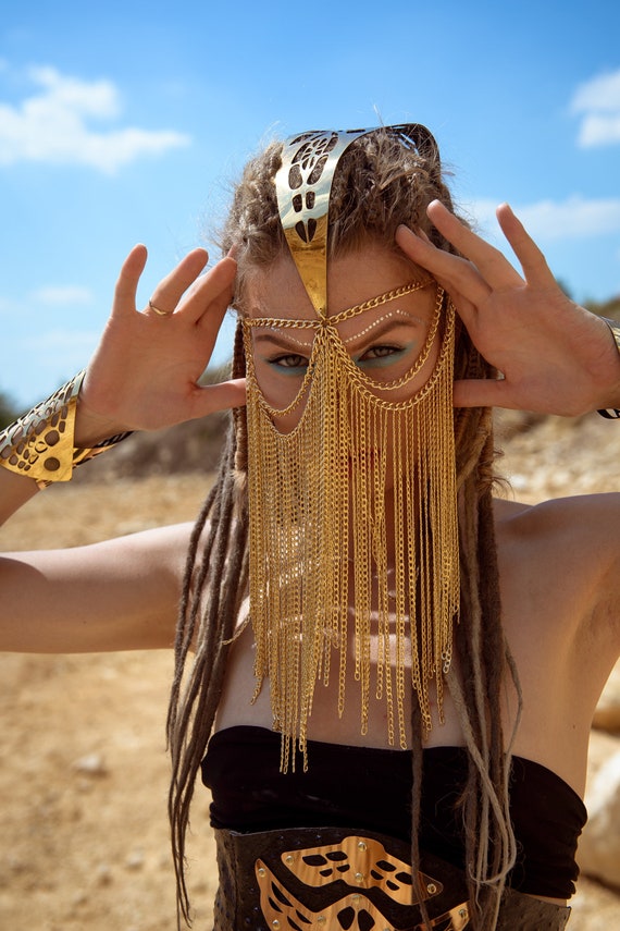 Gold Face chain mask with leather element Face veil Head chain Etsy