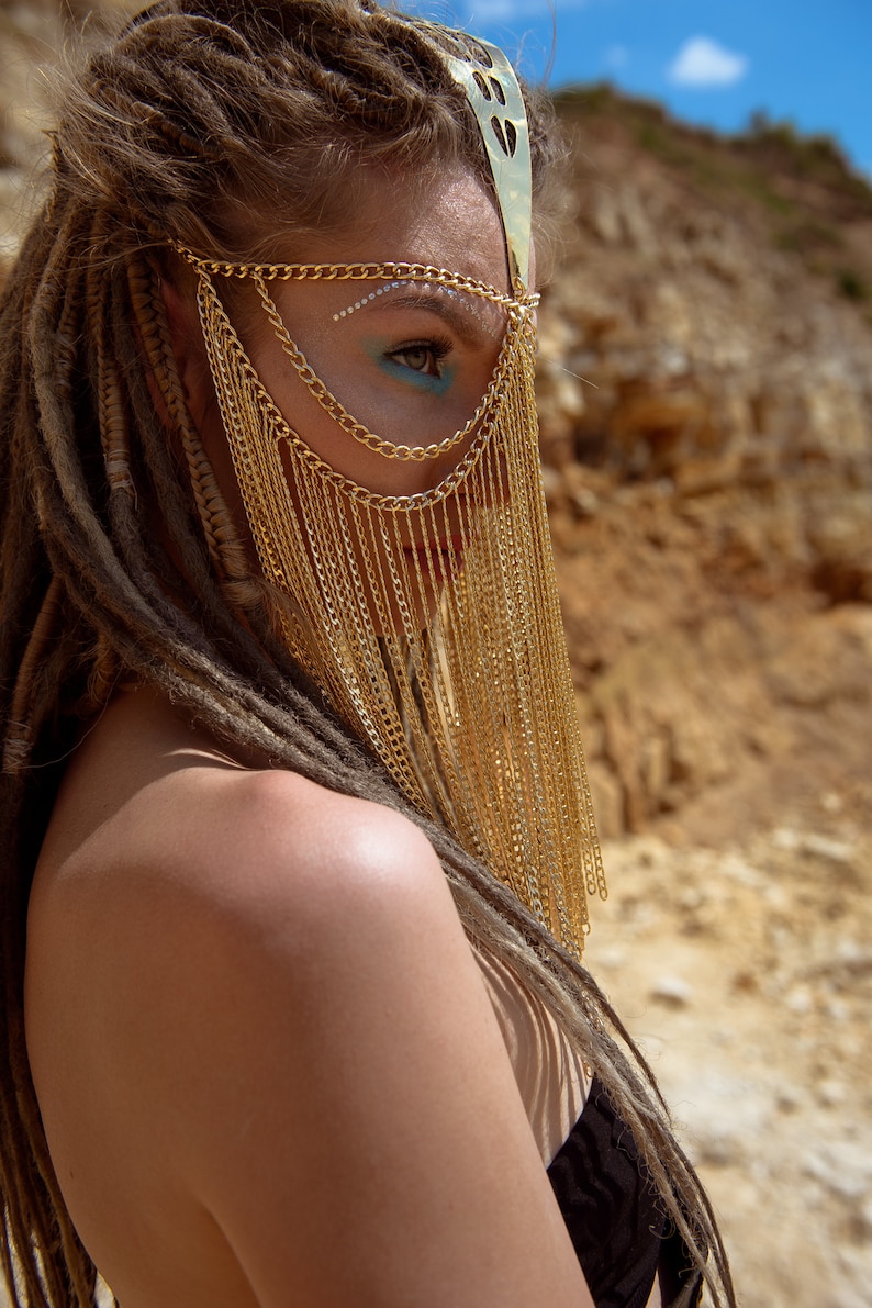 Gold Face chain mask with leather element Face veil Head chain Etsy
