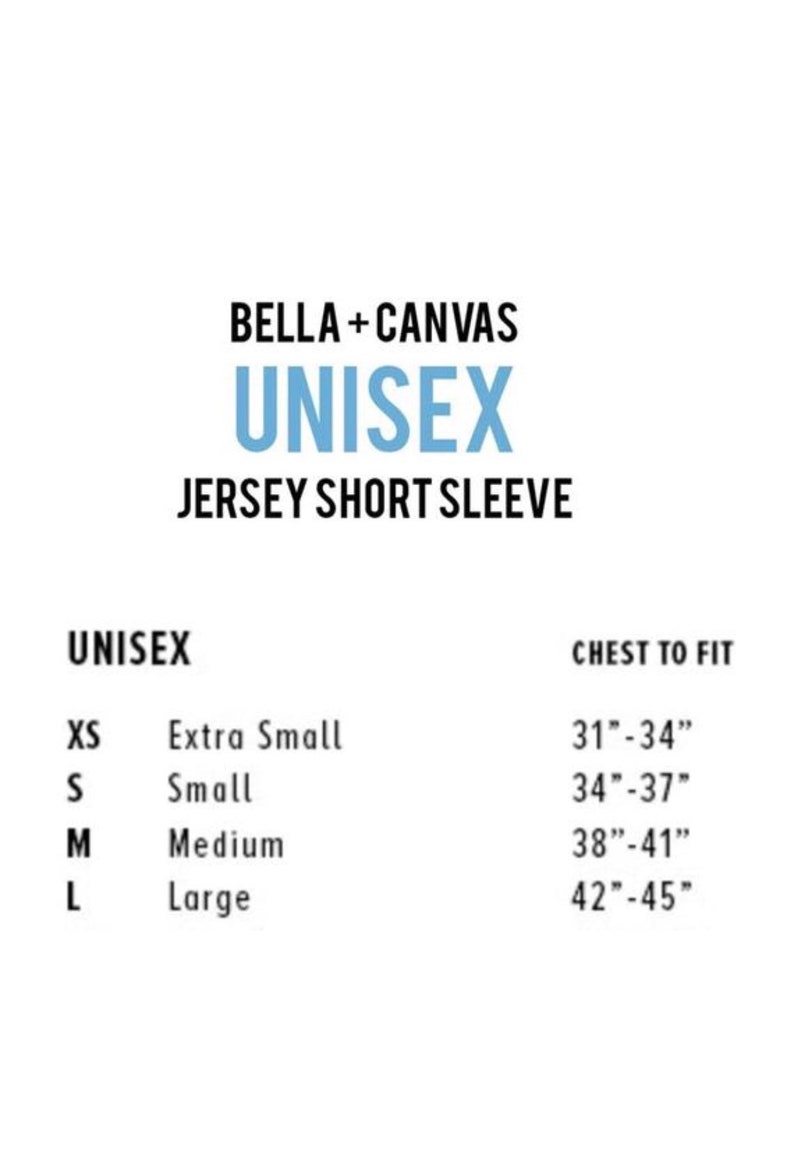 Pu&ograve; includere: Tabella delle taglie per magliette unisex a maniche corte in jersey Bella + Canvas. La tabella mostra le taglie XS a L con le misure del petto corrispondenti in pollici.