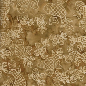 May include: A fabric with a repeating pattern of white fish outlines on a mottled brown background. The fish vary in size and orientation, creating a dynamic and textured design. The fabric has a batik-like appearance.