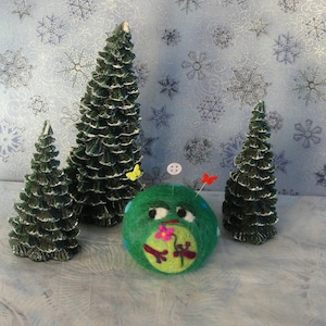 100% New Wool Felted Pincushion/Lightweight Paperweight - A Cute Green Critter with a Special Flower
