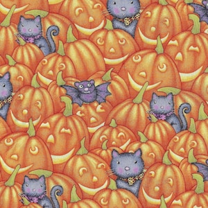 May include: A repeating pattern of orange pumpkins with carved smiling faces. Grey cats wearing patterned neck scarves and purple bats are interspersed among the pumpkins. The background is a warm orange colour, creating a festive Halloween theme.