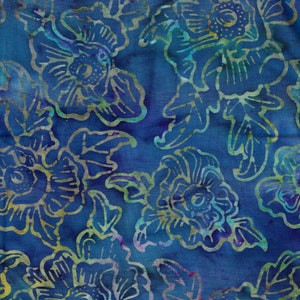 Robert Kaufman Batik Fabric, Yellow, Purple & Gold Floral on Blue, Green and Purple, by the yard