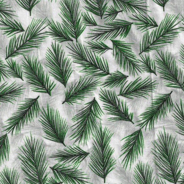 Fabric, Green Pine Tree Sprigs with Metallic Silver by David Textiles, by the HALF yard