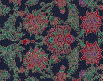 Robert Kaufman Stylized Floral in Red, Purple and Green on Blue, by the yard
