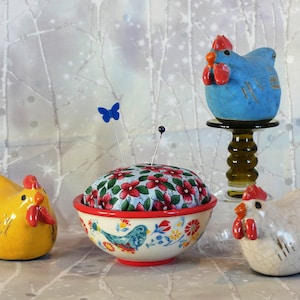 Ceramic Flower Pattern Bowl Pincushion with Birds, 2-1/2&quot; High, Great Gift for Quilters and Sewers
