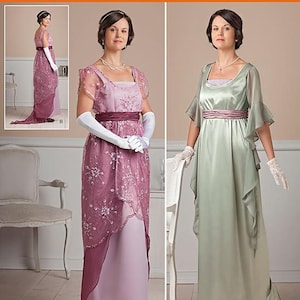May include: Simplicity pattern 1517 features two vintage-style dresses. One dress is a dusty rose color with a lace overlay and a burgundy belt. The other dress is a pale green with a pink belt and flowing sleeves. Both dresses have a square neckline.